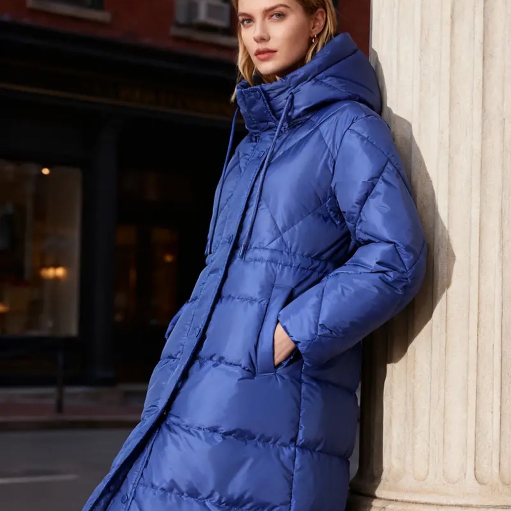 Long Puffer Hooded Coat in Bright Blue